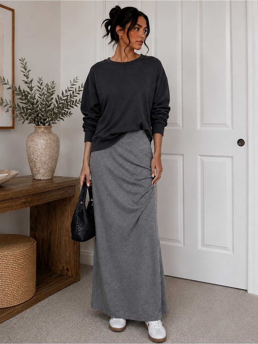 Express Gray Ruched Knit Maxi Skirt Size M NWOT